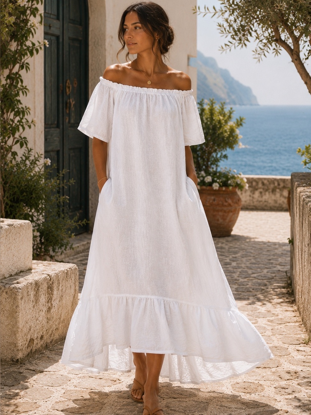 Chocolate Preppy Made Italy 100% Linen Off Shoulder Resort Dress OS
